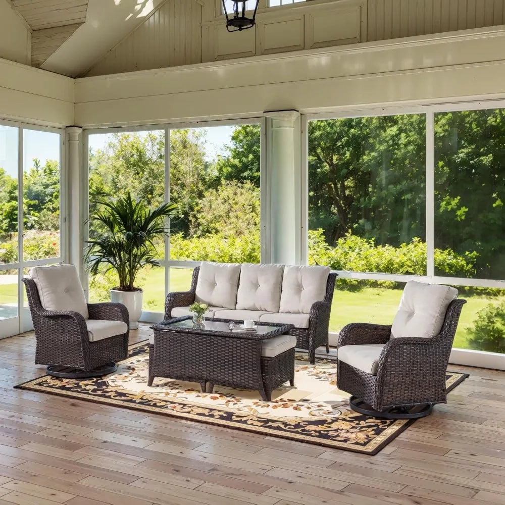 Outdoor 6 Piece Patio Furniture Set With Swivel Rocker Chairs And Rattan Sofa