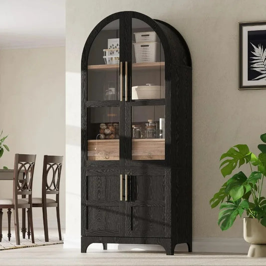 XMSJ Farmhouse Arched Pantry Cabinet With Glass Panels