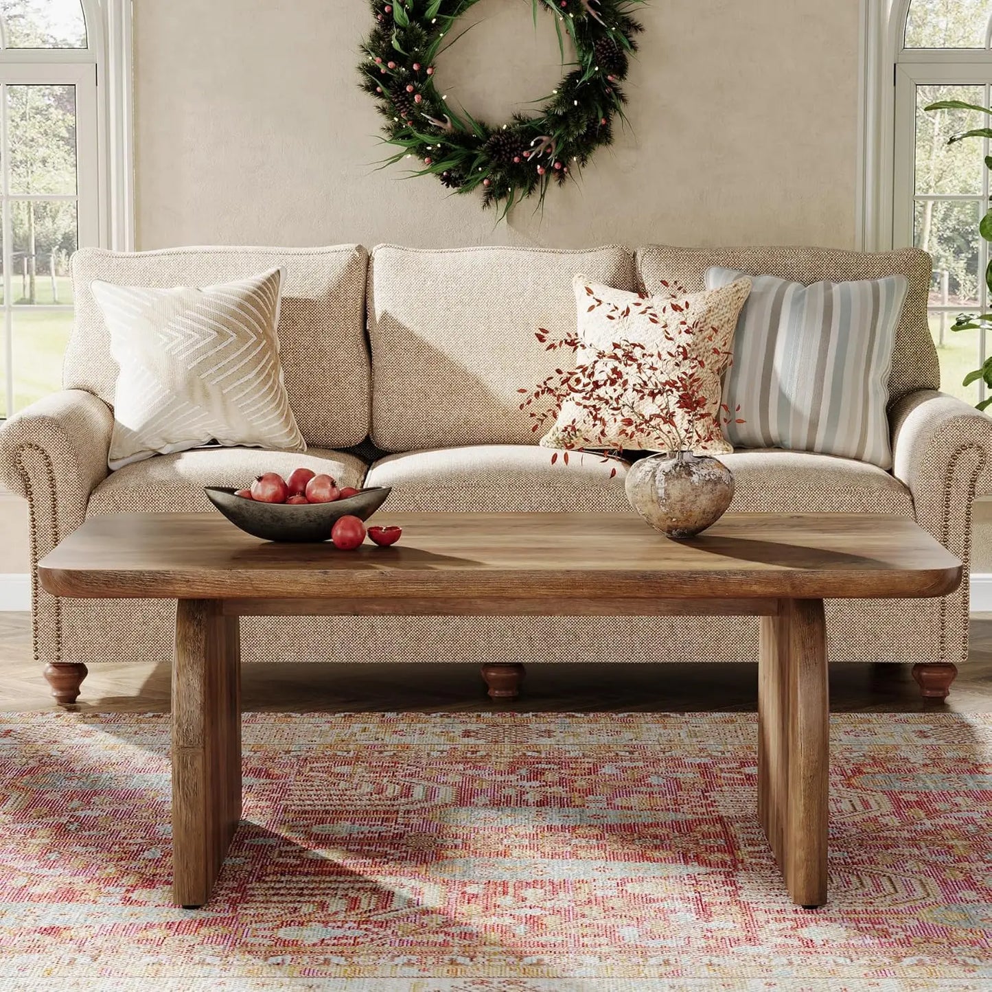 Little Tree Farmhouse Wood Rectangle Coffee Table With Sturdy Base