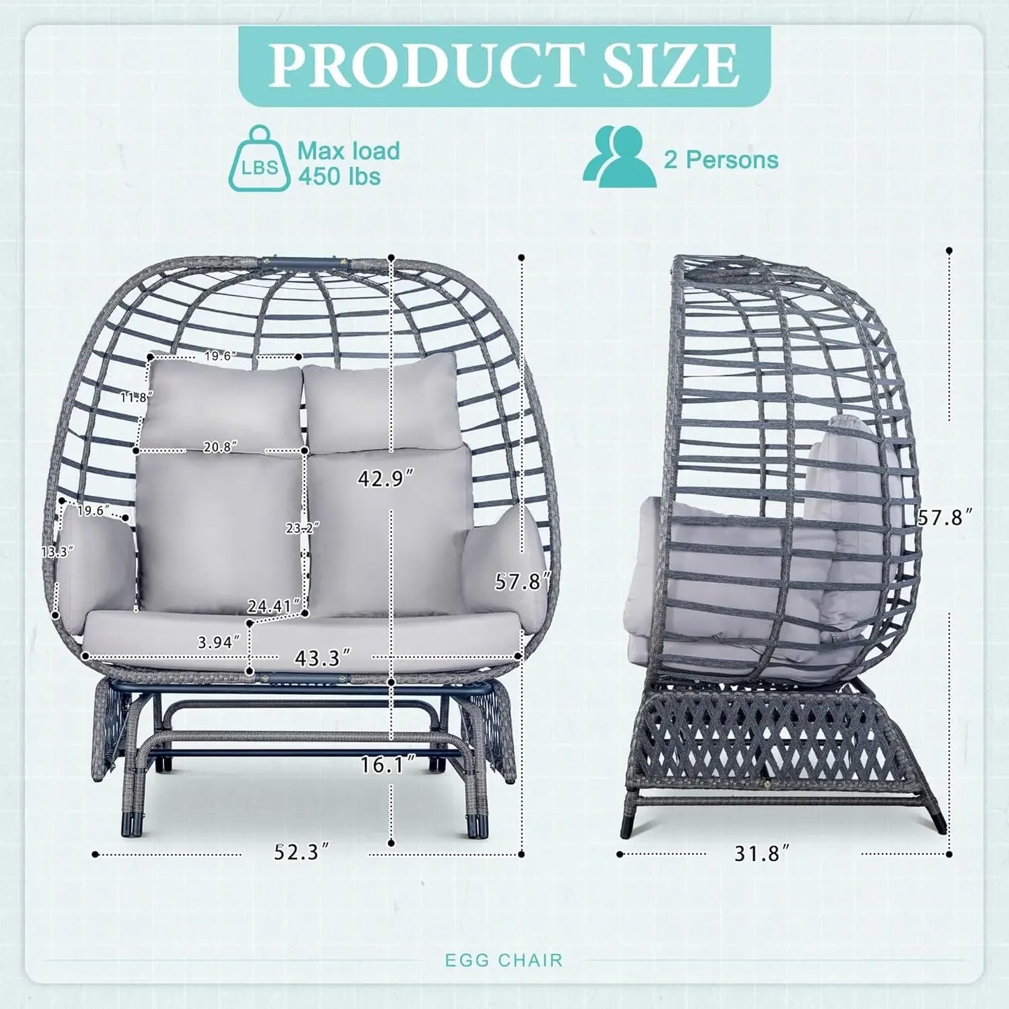 XMSJ Outdoor Double Egg Chair Patio Lounger with Steel Stand