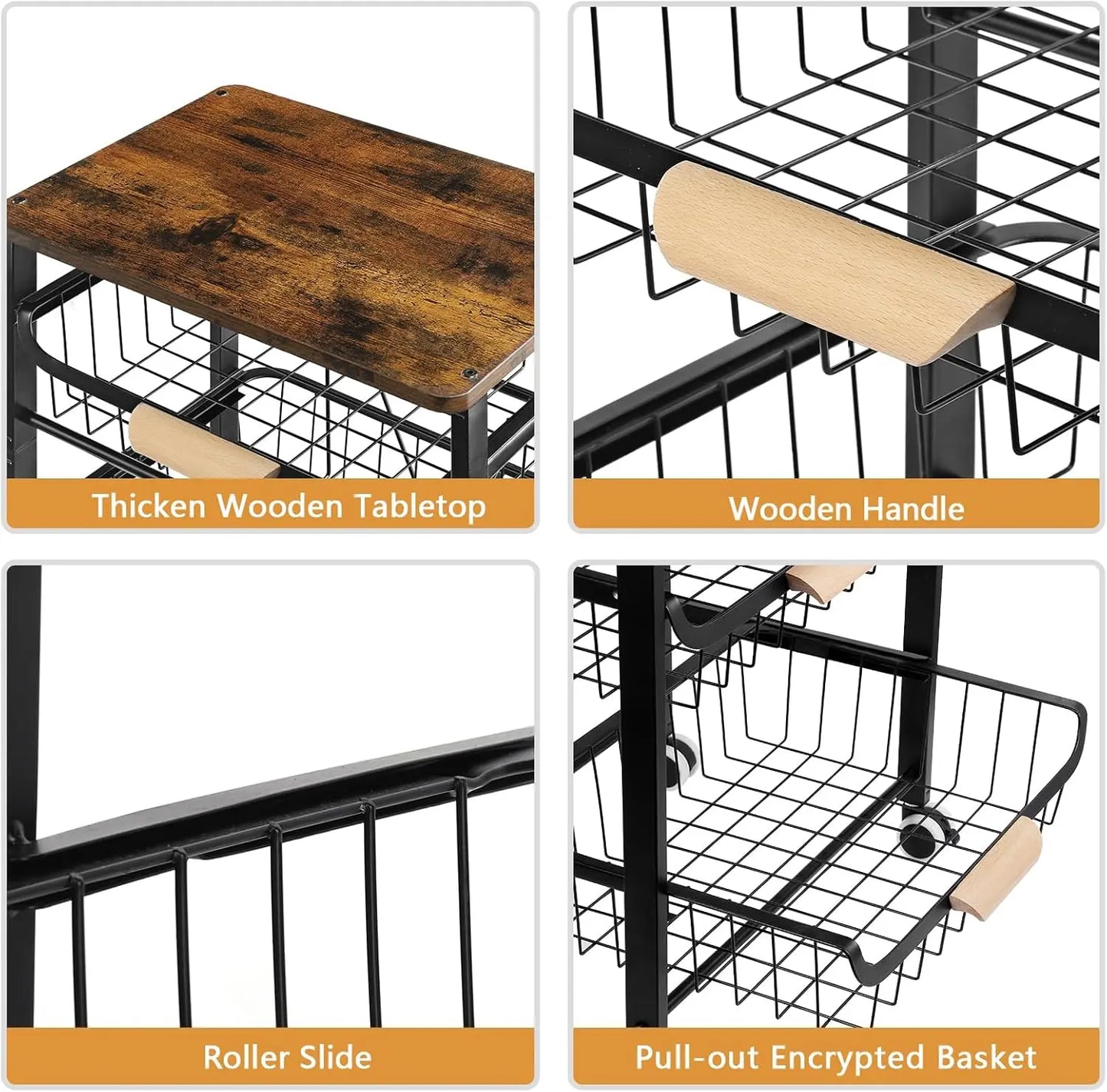5-Tier Rolling Kitchen Cart With Wooden Top And Mesh Baskets