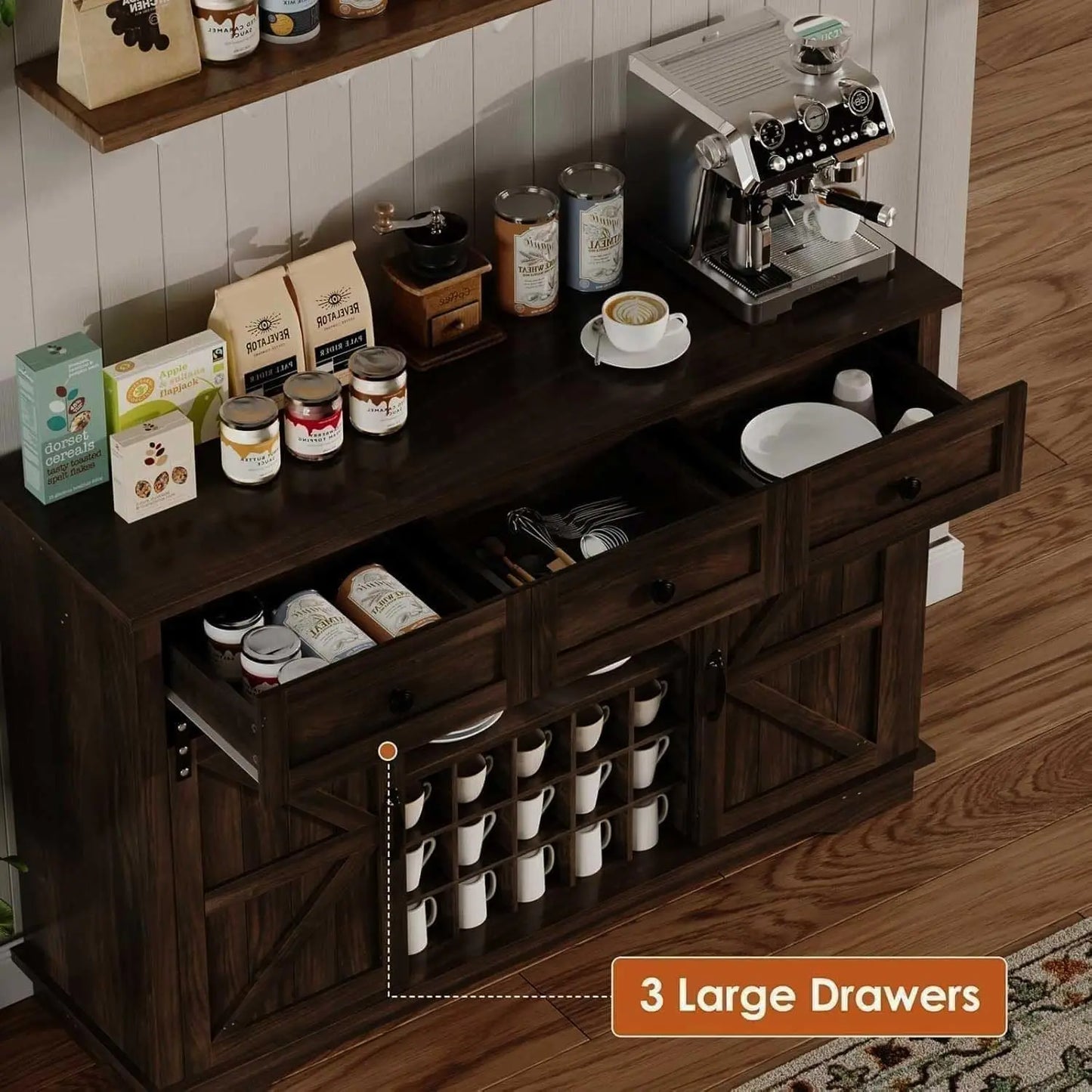 Farmhouse Coffee Bar Cabinet Sliding Barn Door with Adjustable Storage