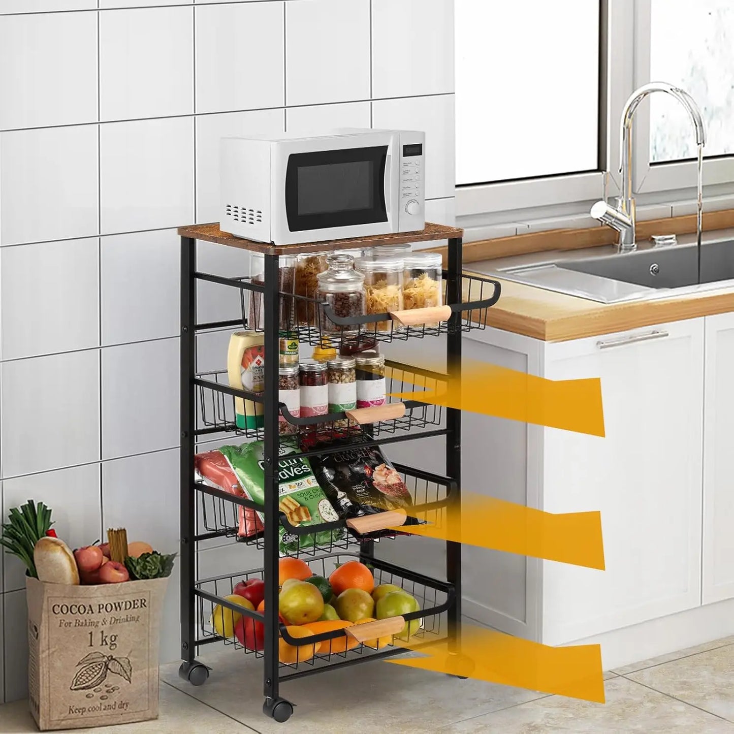 5-Tier Rolling Kitchen Cart With Wooden Top And Mesh Baskets