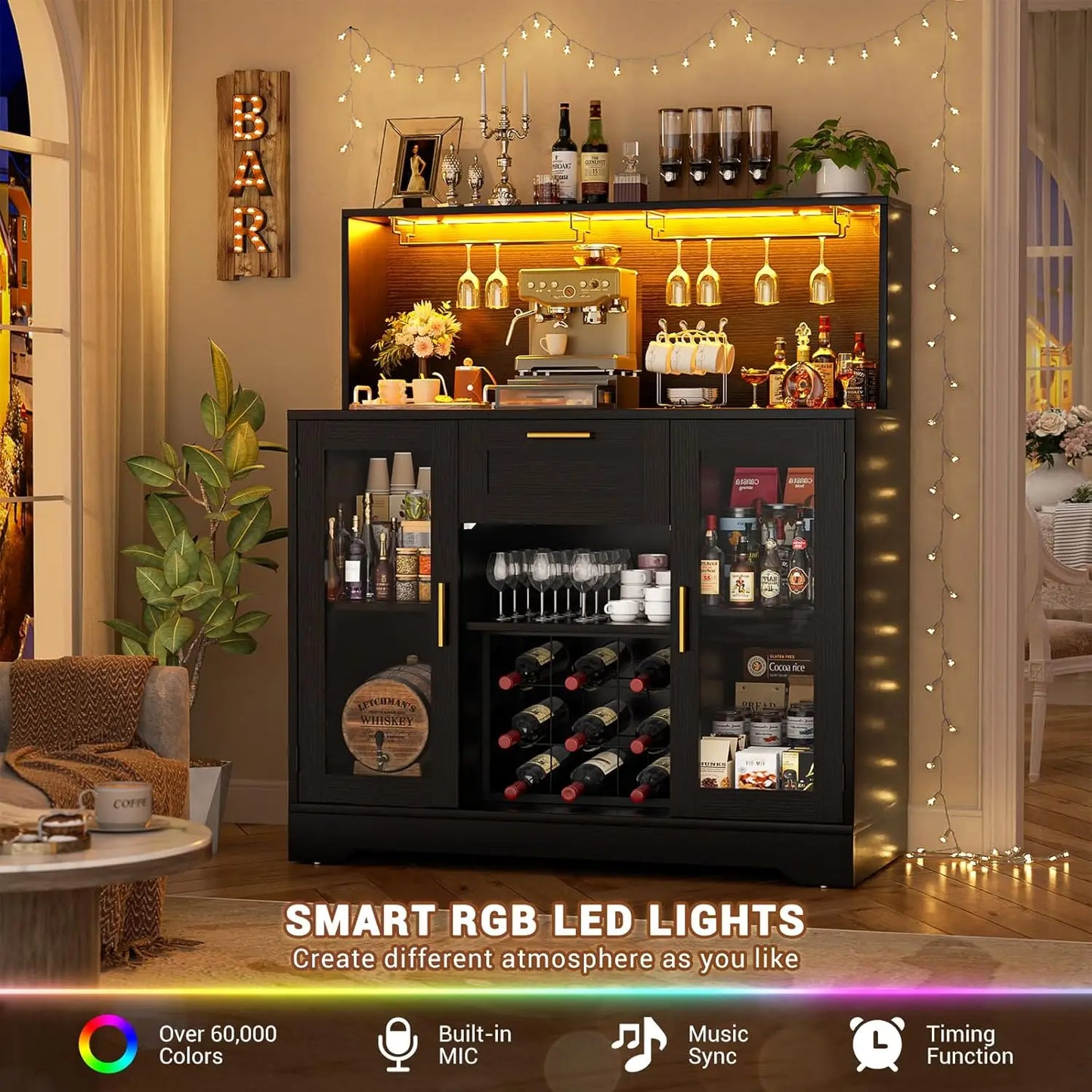 Wine Bar Cabinet With LED Lighting And Glass Holder Storage