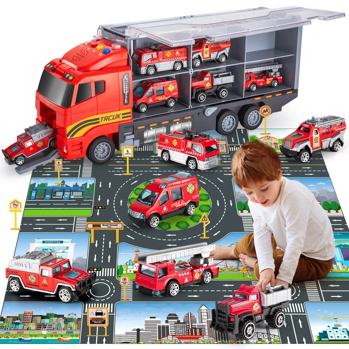 CE Kids Transport Truck Fire Cars Play Mat Toy Set
