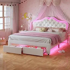 Bed With Storage Drawer LED Lights And Adjustable Headboard