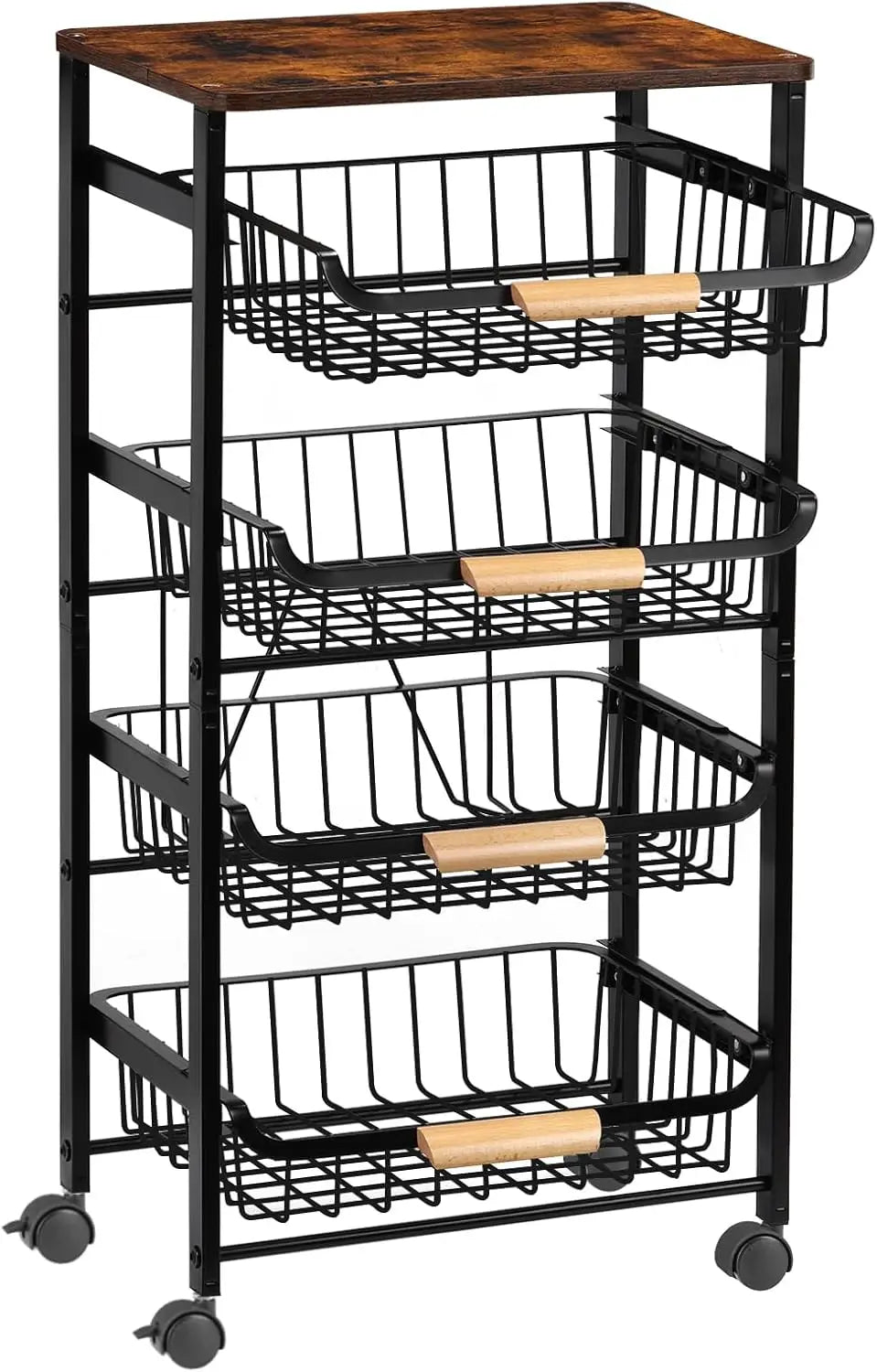 5-Tier Rolling Kitchen Cart With Wooden Top And Mesh Baskets