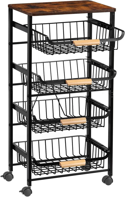 5-Tier Rolling Kitchen Cart With Wooden Top And Mesh Baskets