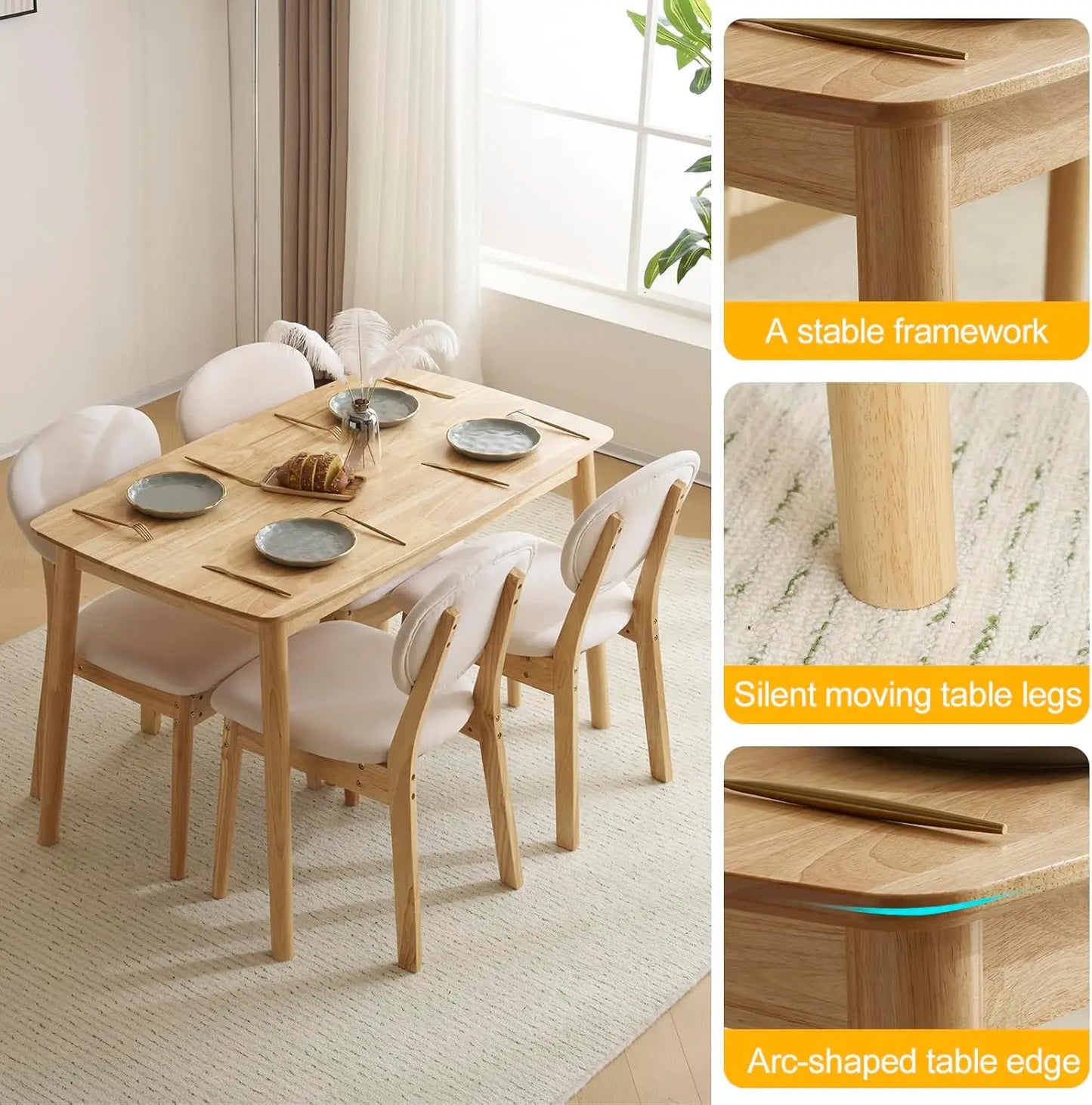 Mid Century Modern Wood Dining Table Set with Padded Seats