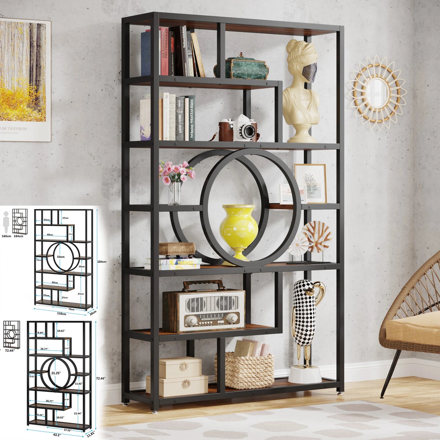 Tribesigns Industrial 5 Tier Etagere Bookshelf Freestanding Bookcase