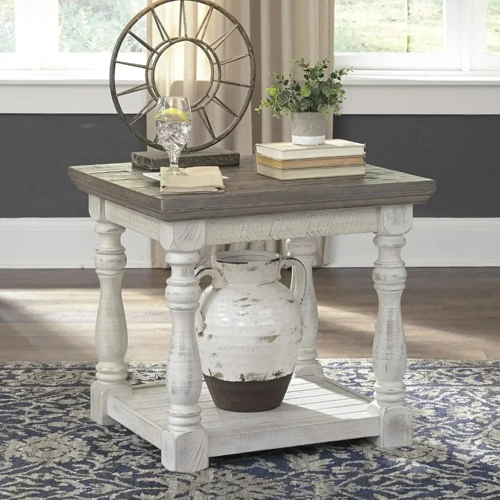 Farmhouse Square End Table With Floor Shelf Vintage Finish