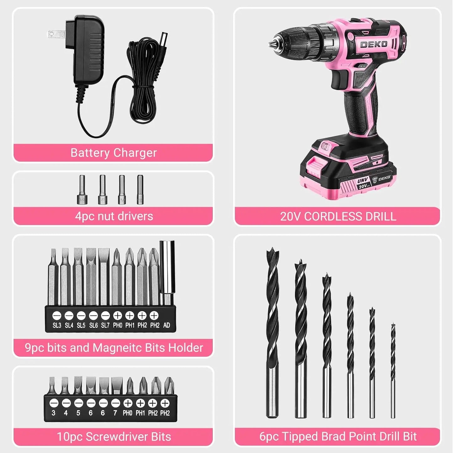 DEKO 20V Cordless Drill Set For Women Power Tool Kit