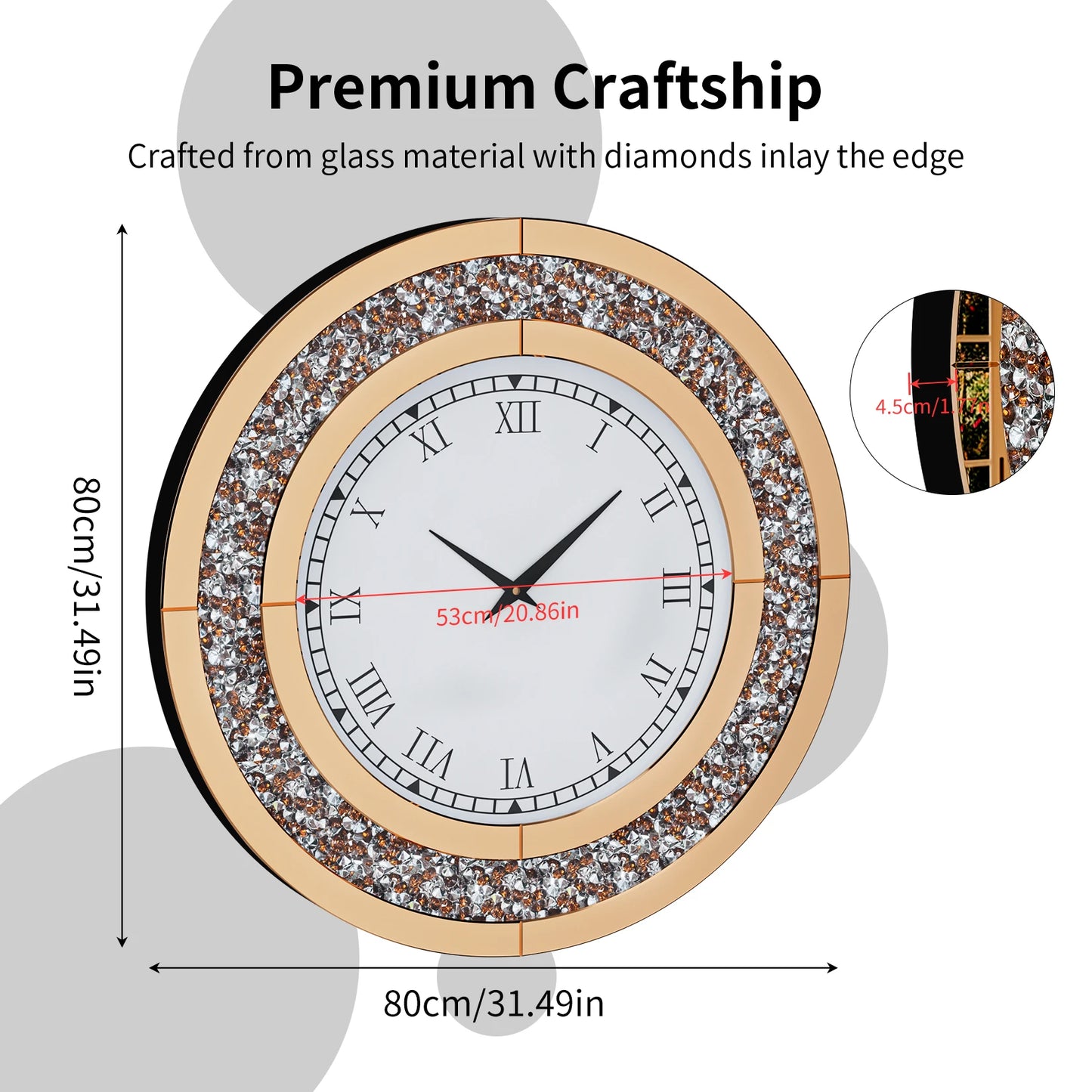 Combination Bling Silver Round Mirror Wall Clock For Home Decor