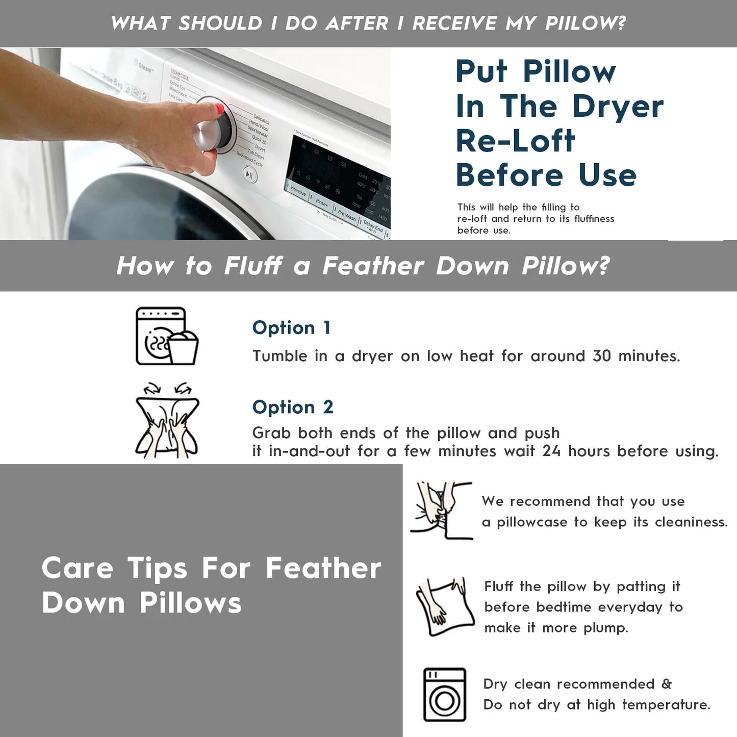 WQSPRING Goose Feather Down Pillows Two Pack Cotton Cover For Back Sleepers