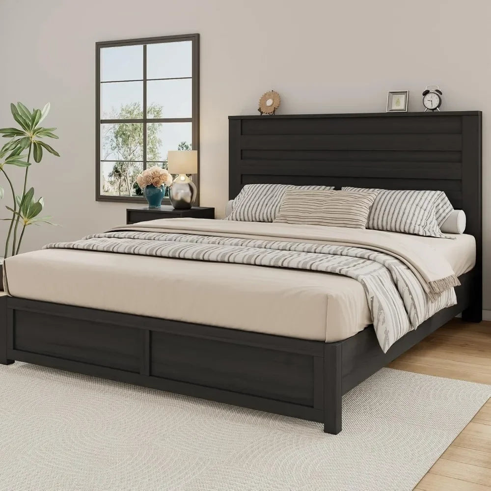 Farmhouse Platform Bed Frame With Headboard And Wood Slats No Box Spring Needed