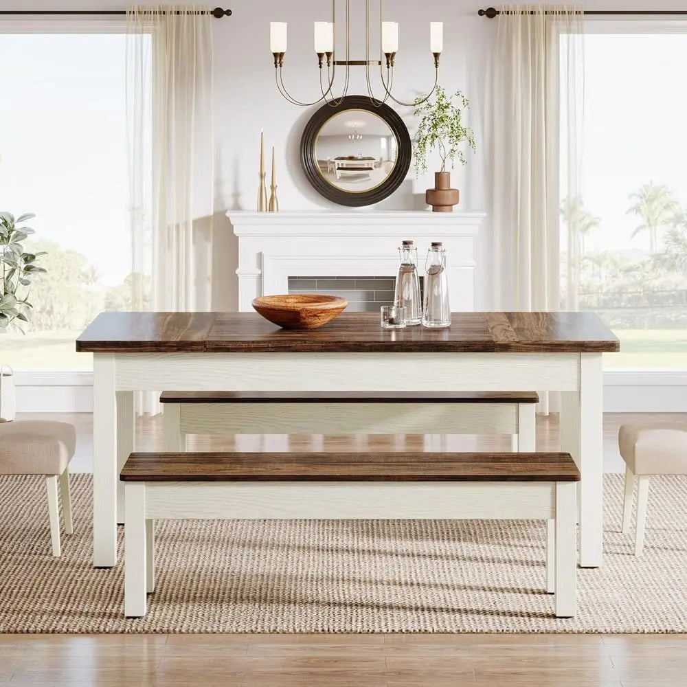 Farmhouse Dining Table Set with Benches in Solid Wood