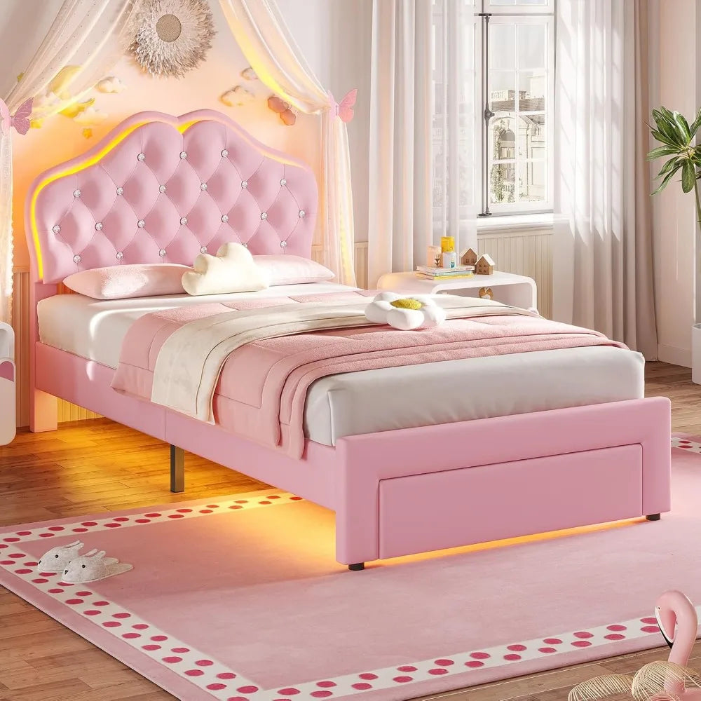 Bed With Storage Drawer LED Lights And Adjustable Headboard