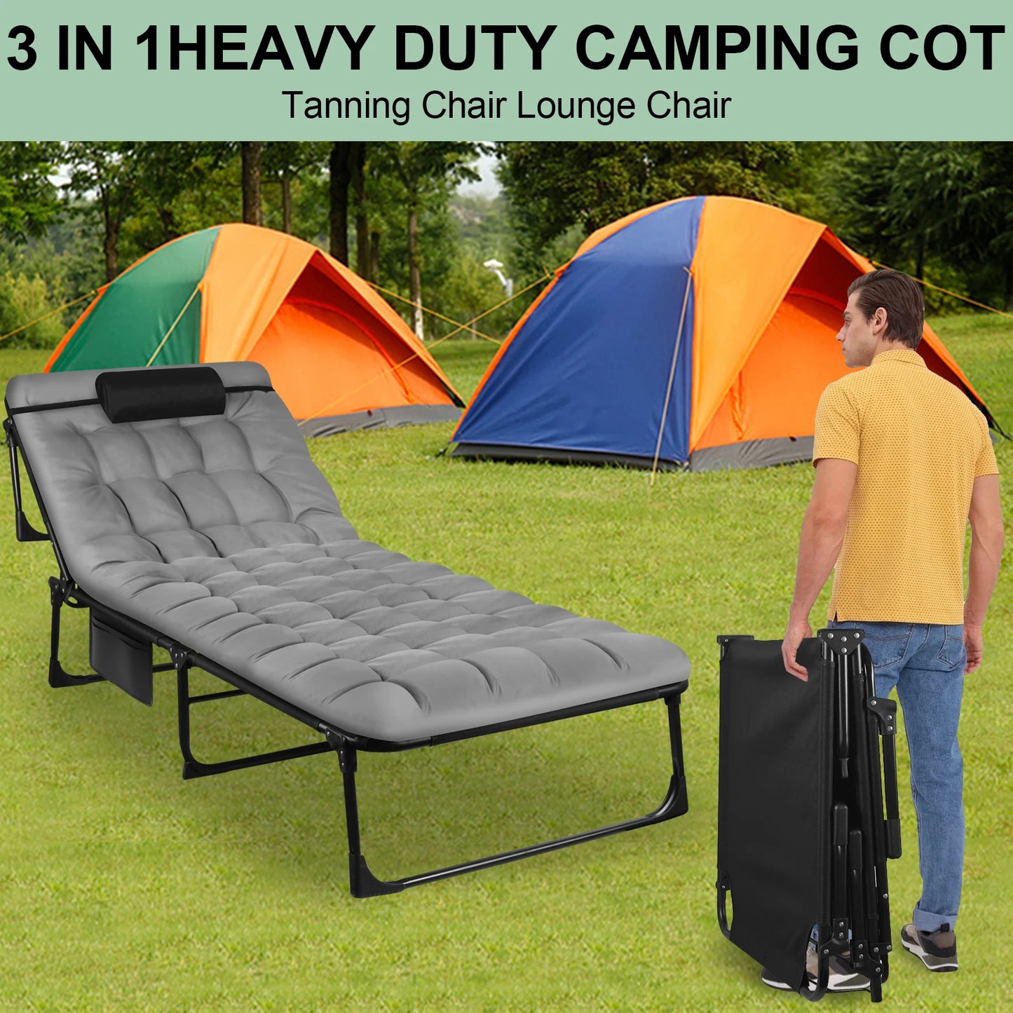 Portable Folding Camping Cot With Adjustable Reclining Lounge Chair