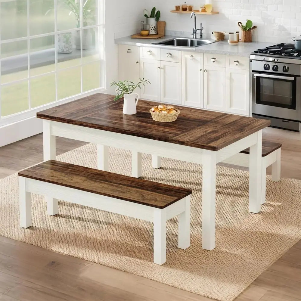 Farmhouse Dining Table Set with Benches in Solid Wood