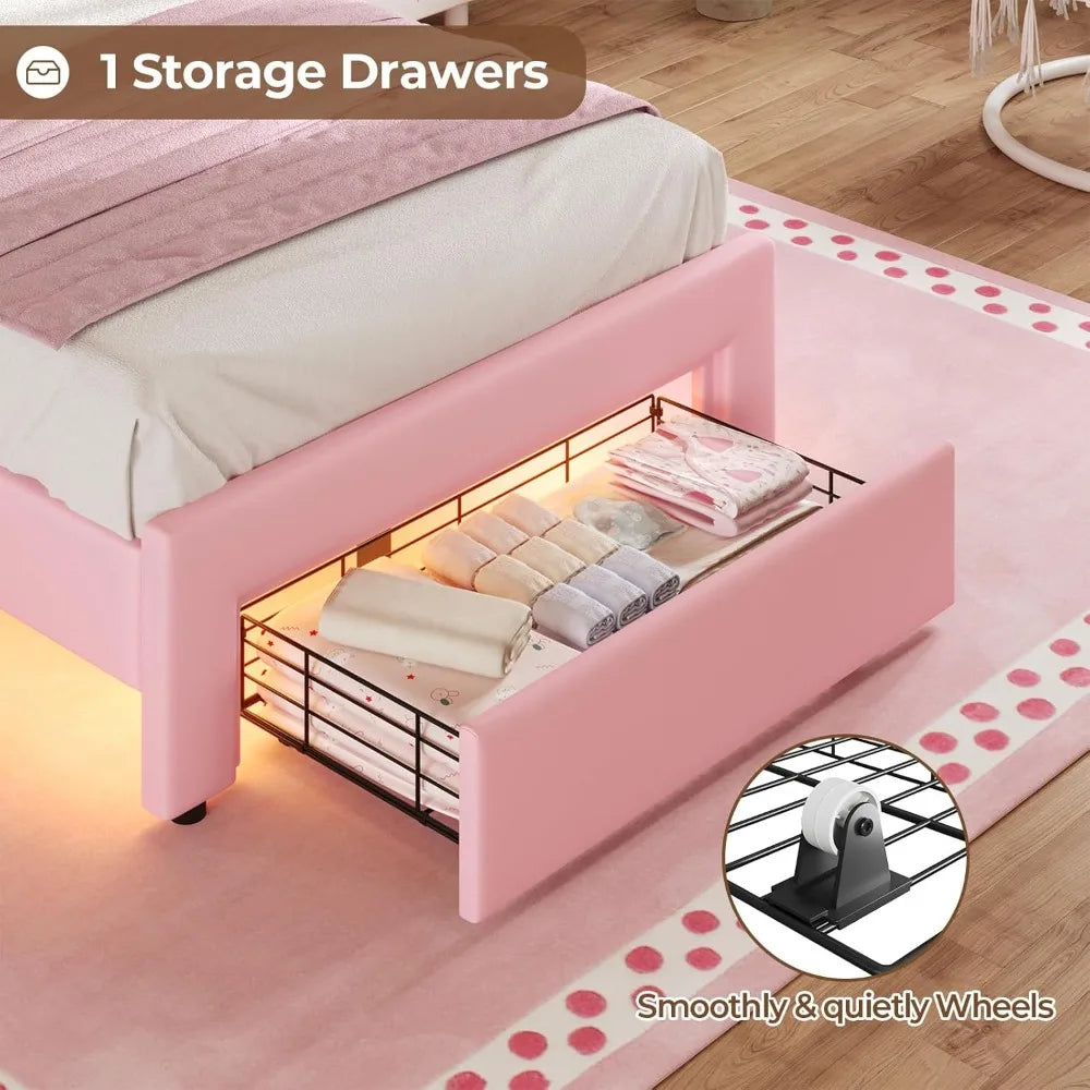 Bed With Storage Drawer LED Lights And Adjustable Headboard