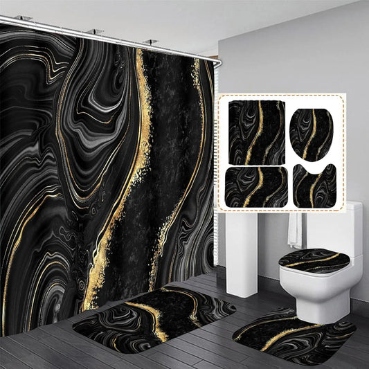 Marble Shower Curtain Set With Floor Mats Modern Bathroom Decor