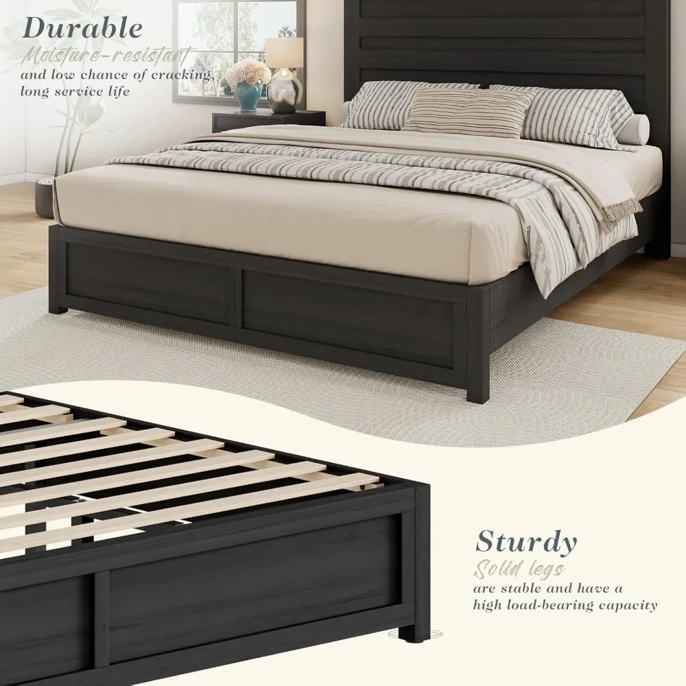 Farmhouse Platform Bed Frame With Headboard And Wood Slats No Box Spring Needed
