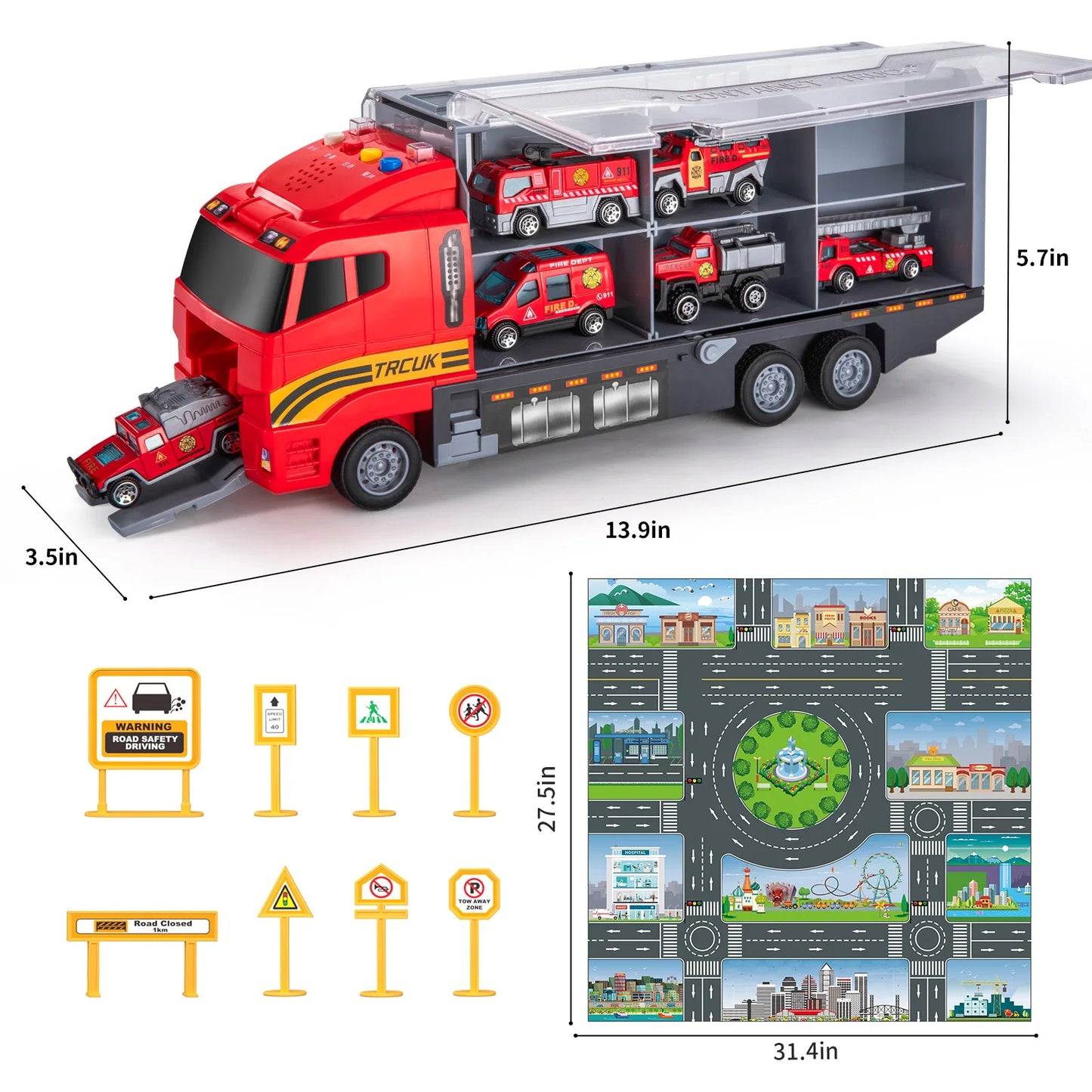 CE Kids Transport Truck Fire Cars Play Mat Toy Set