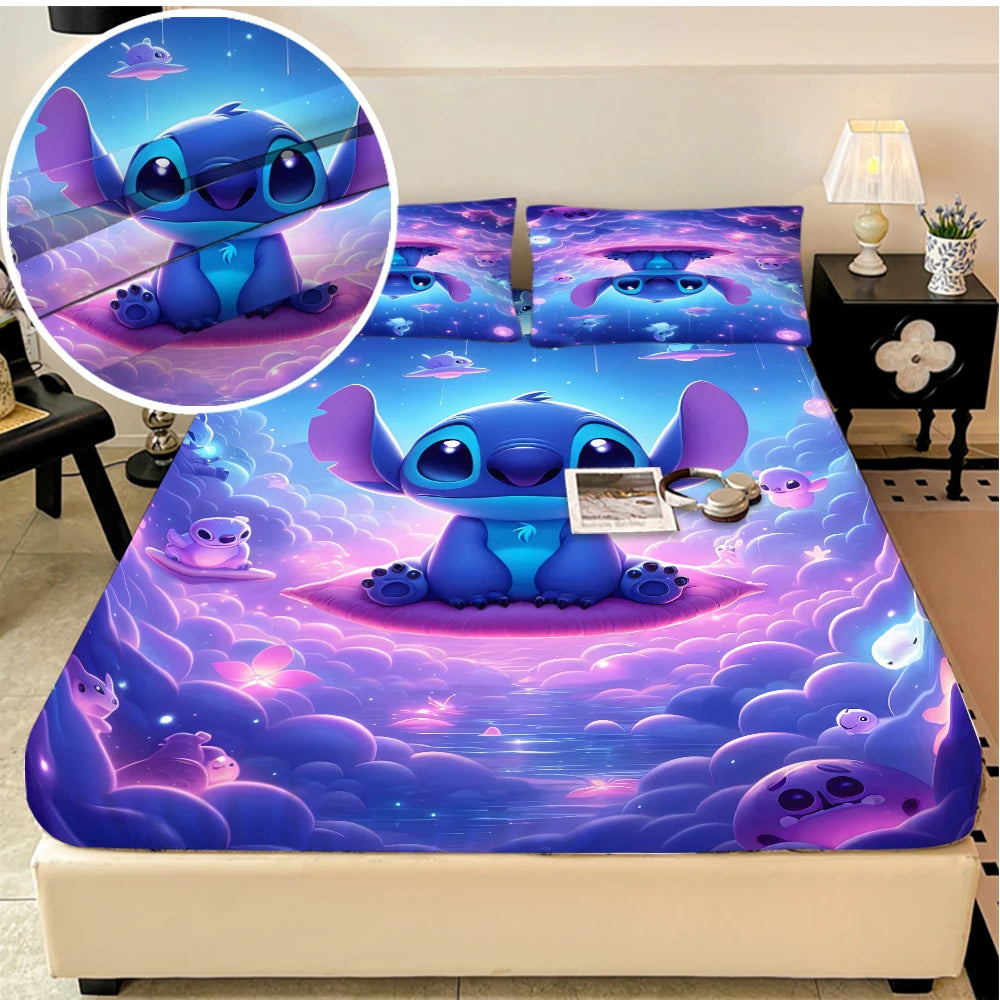 MINISOCN Disney Stitch Velvet Stretch Polyester Cotton Bed Sheets