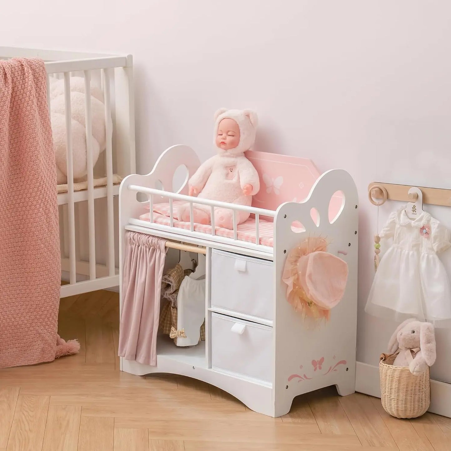 Rolife Baby Doll Crib Wooden With Storage Bedding And Hooks