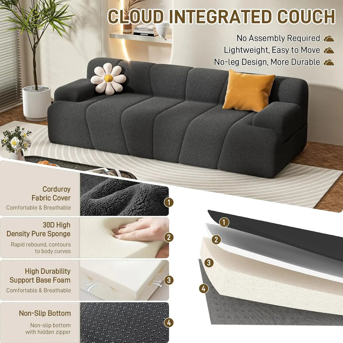 Memory Foam Couch Cloud Sofa in a Box with Armrests