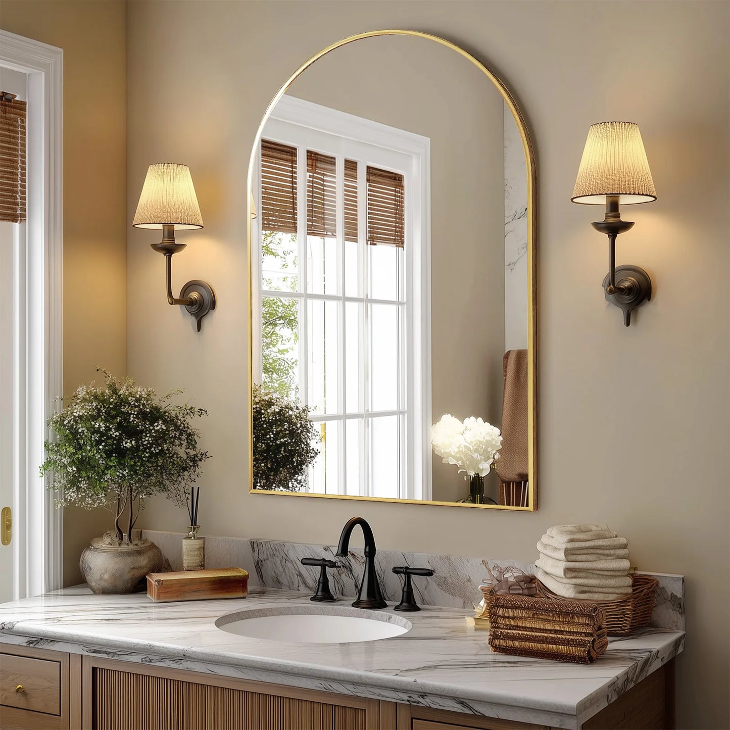 JHK Arched Metal Framed Wall Mirror For Bathroom And Entryway