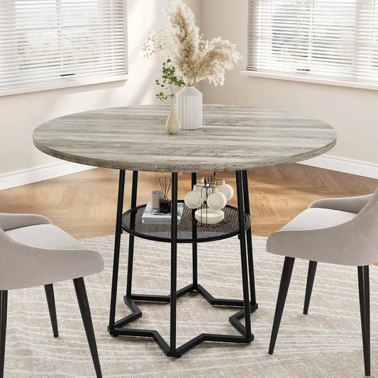 General Use Rustic Round Dining Table With Metal Base