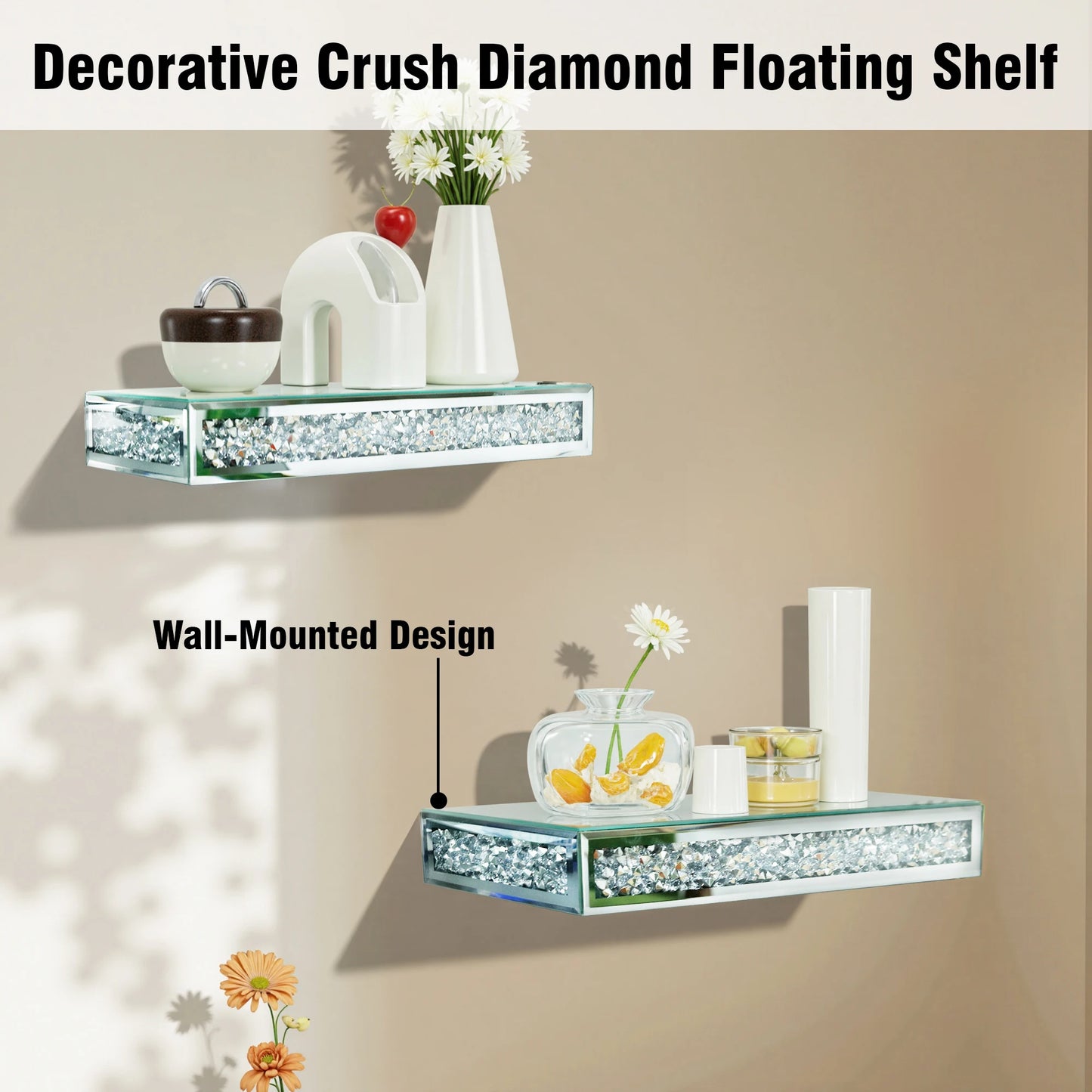 High Concerned Luxury Crushed Diamond Floating Wall Mounted Mirrored Shelf