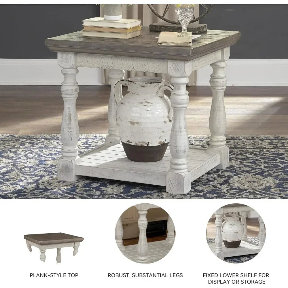 Farmhouse Square End Table With Floor Shelf Vintage Finish