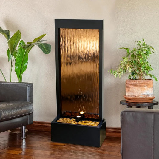 Mirror Waterfall Fountain With Stones And Lights For Zen Decor