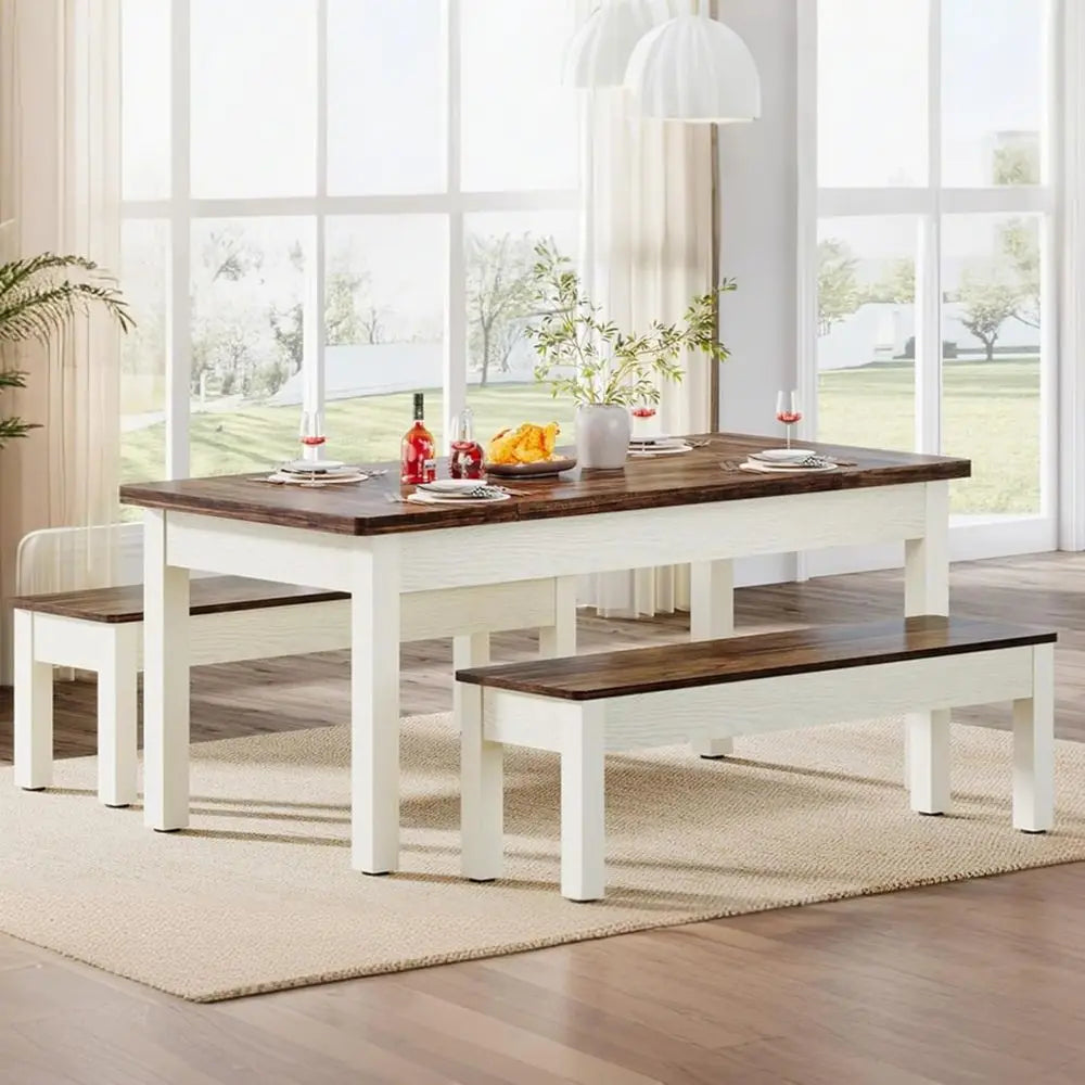 Farmhouse Dining Table Set with Benches in Solid Wood