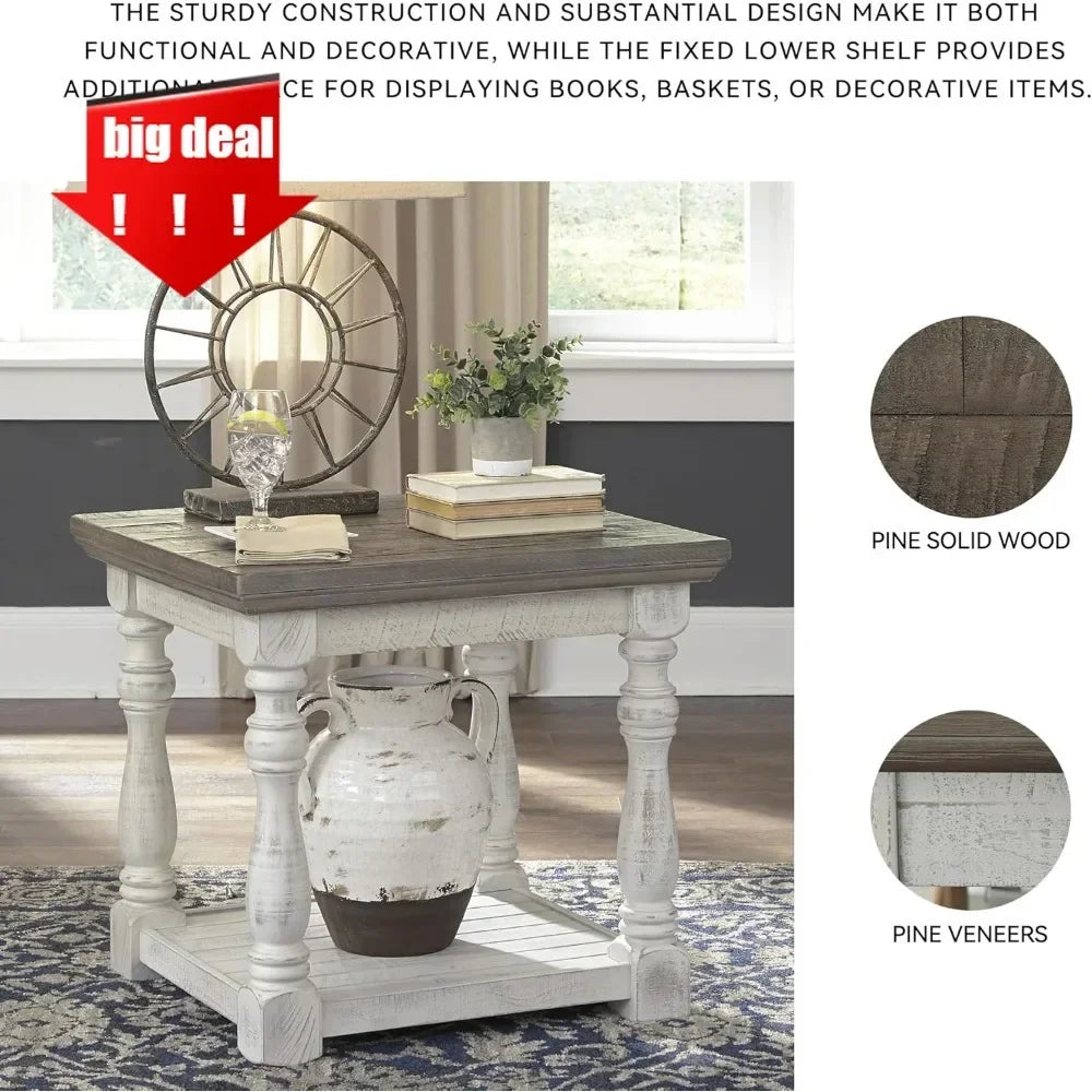 Farmhouse Square End Table With Floor Shelf Vintage Finish