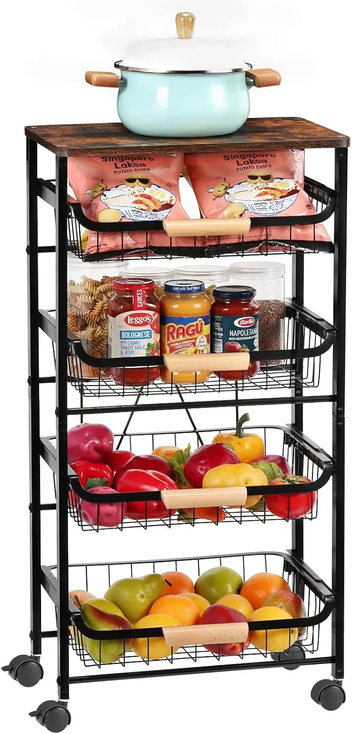 5-Tier Rolling Kitchen Cart With Wooden Top And Mesh Baskets