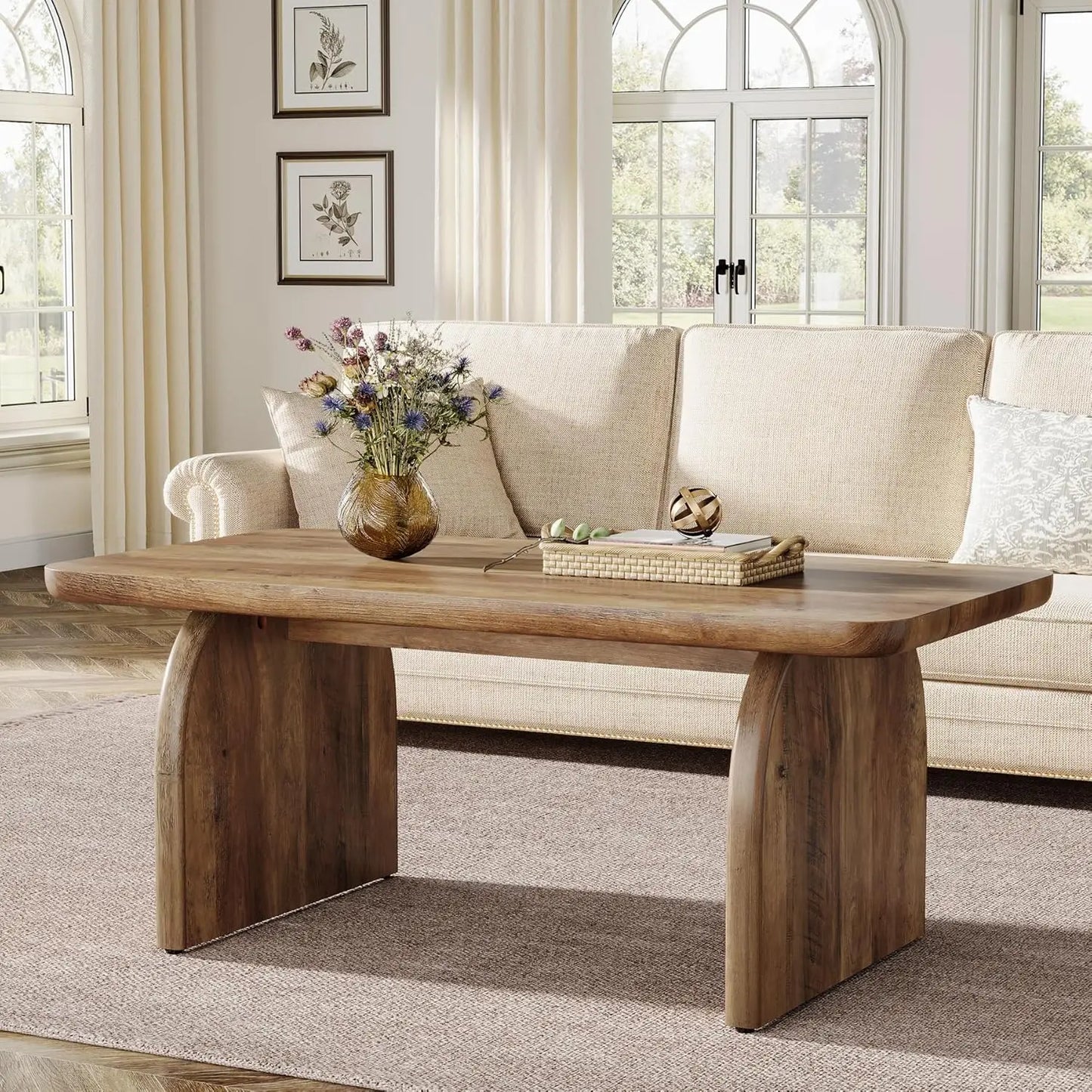 Little Tree Farmhouse Wood Rectangle Coffee Table With Sturdy Base