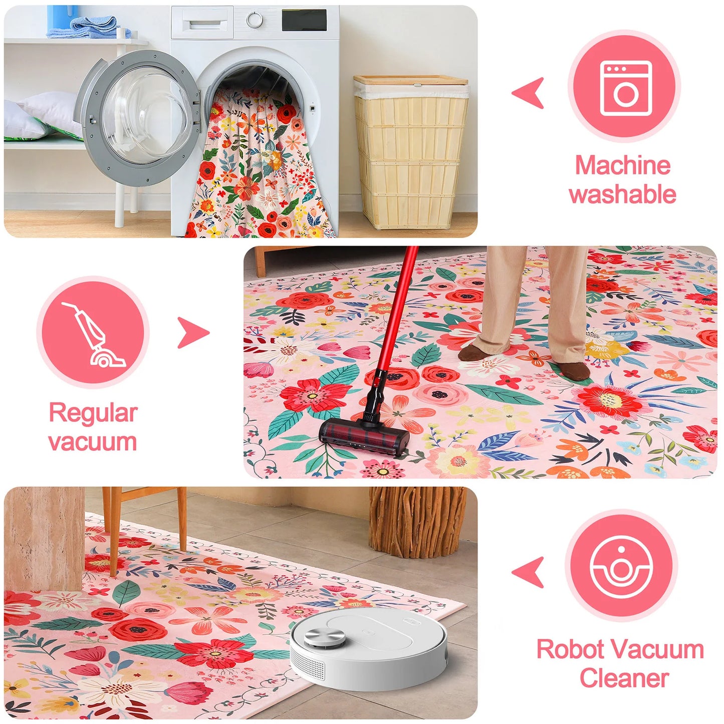 Floor Carpet Boho Floral Soft Rug Washable Non Slip