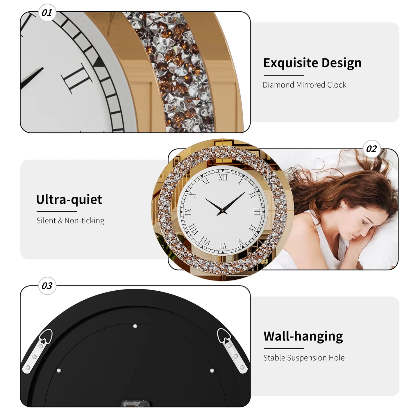 Combination Bling Silver Round Mirror Wall Clock For Home Decor