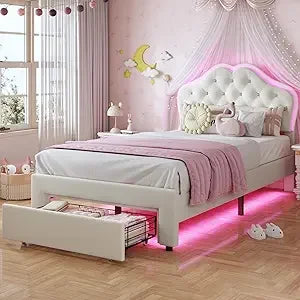 Bed With Storage Drawer LED Lights And Adjustable Headboard