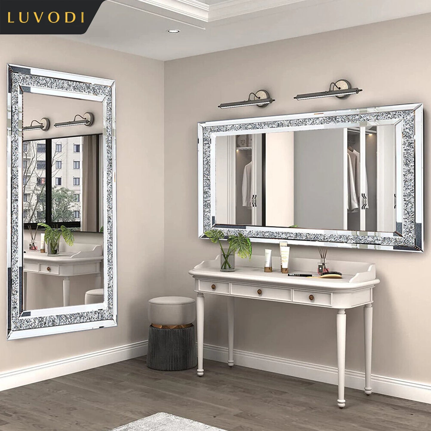 LUVODI Rhinestone Frameless Vanity Mirror Wall Mount