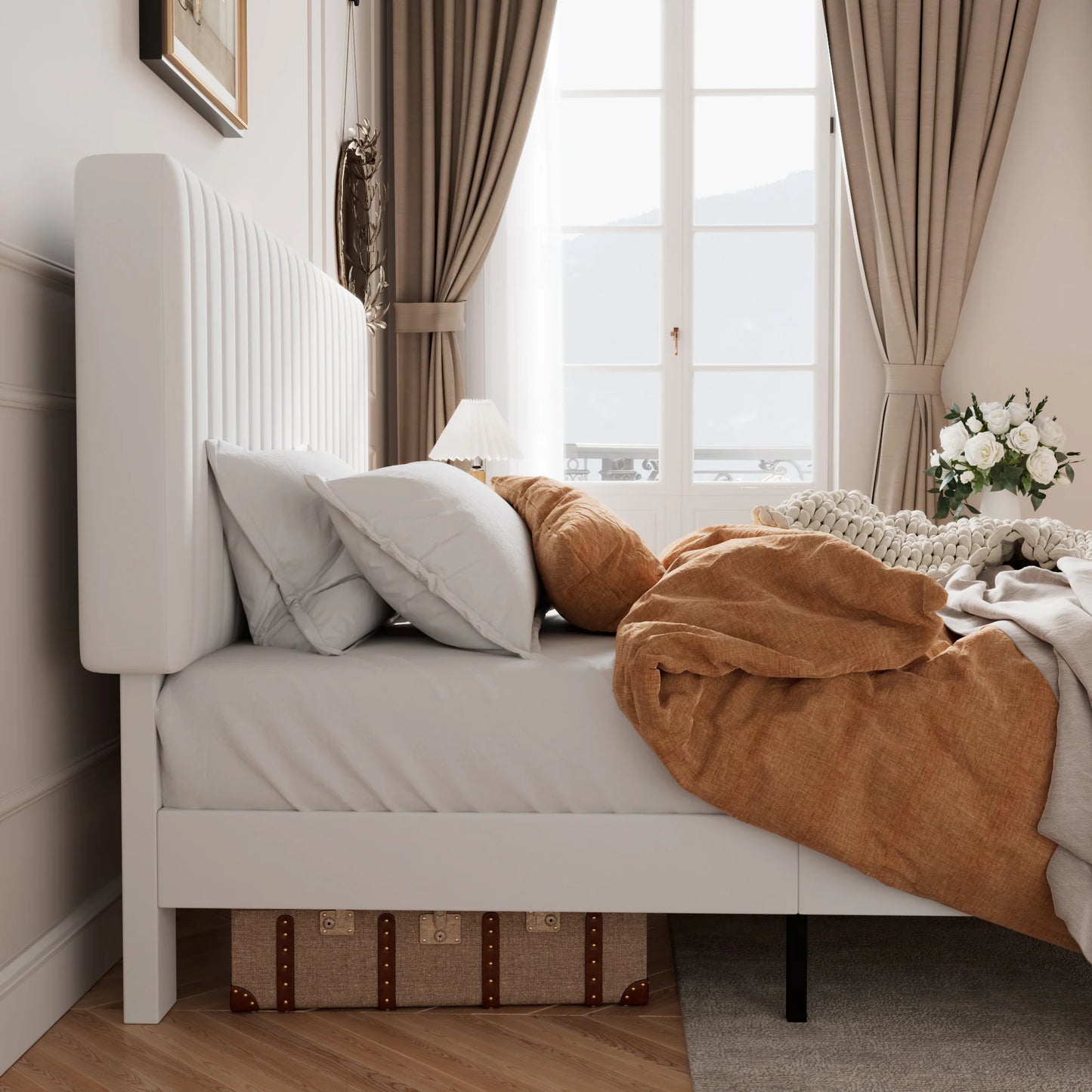 HOOMIC Velvet Upholstered Bed Frame With Channel Tufted Headboard