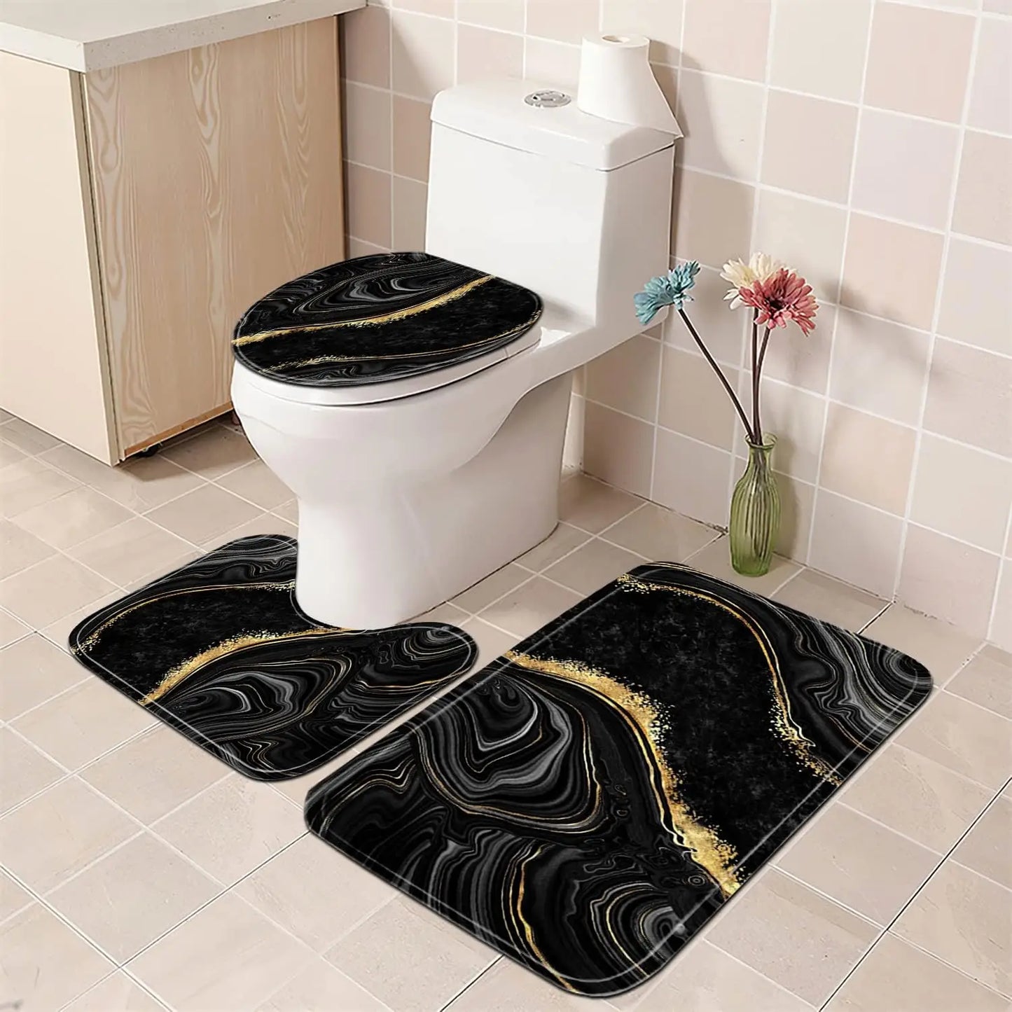 Marble Shower Curtain Set With Floor Mats Modern Bathroom Decor
