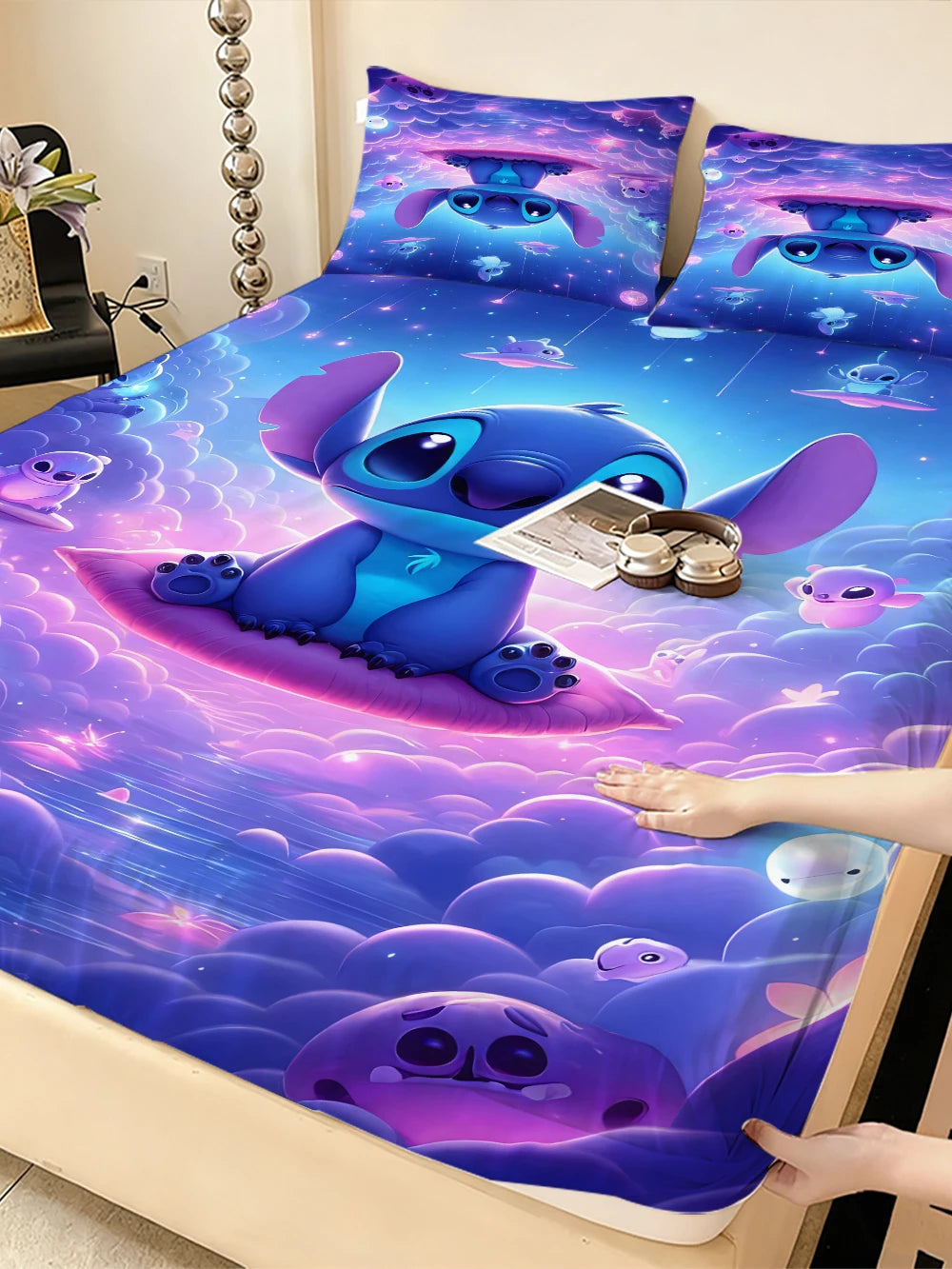 MINISOCN Disney Stitch Velvet Stretch Polyester Cotton Bed Sheets
