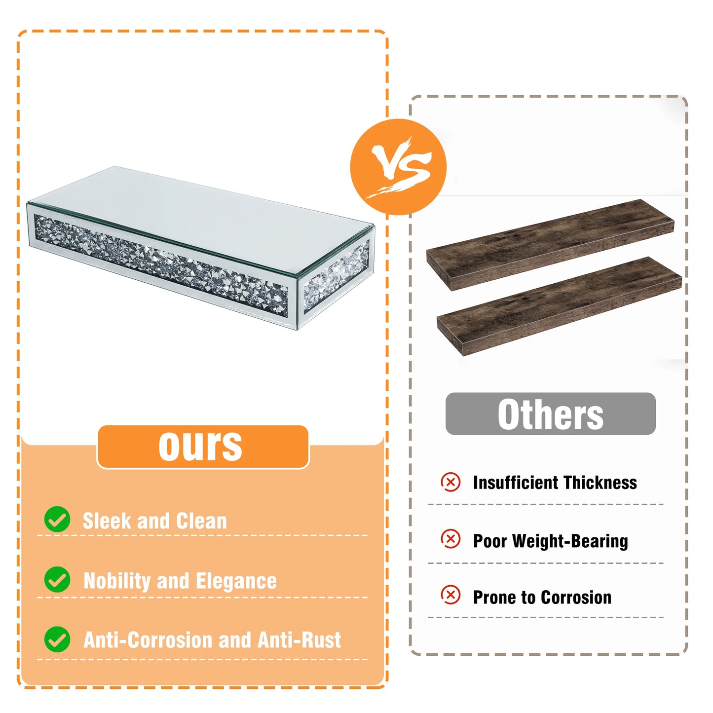 High Concerned Luxury Crushed Diamond Floating Wall Mounted Mirrored Shelf