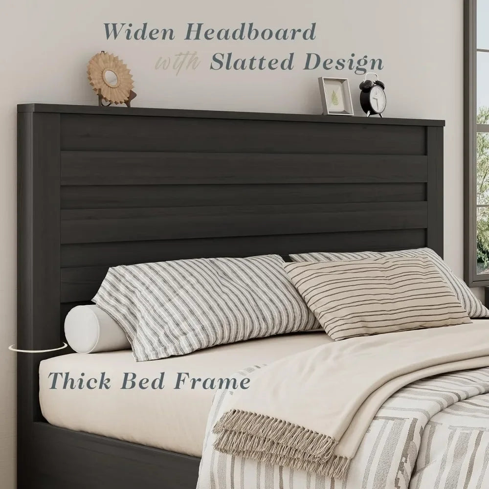 Farmhouse Platform Bed Frame With Headboard And Wood Slats No Box Spring Needed