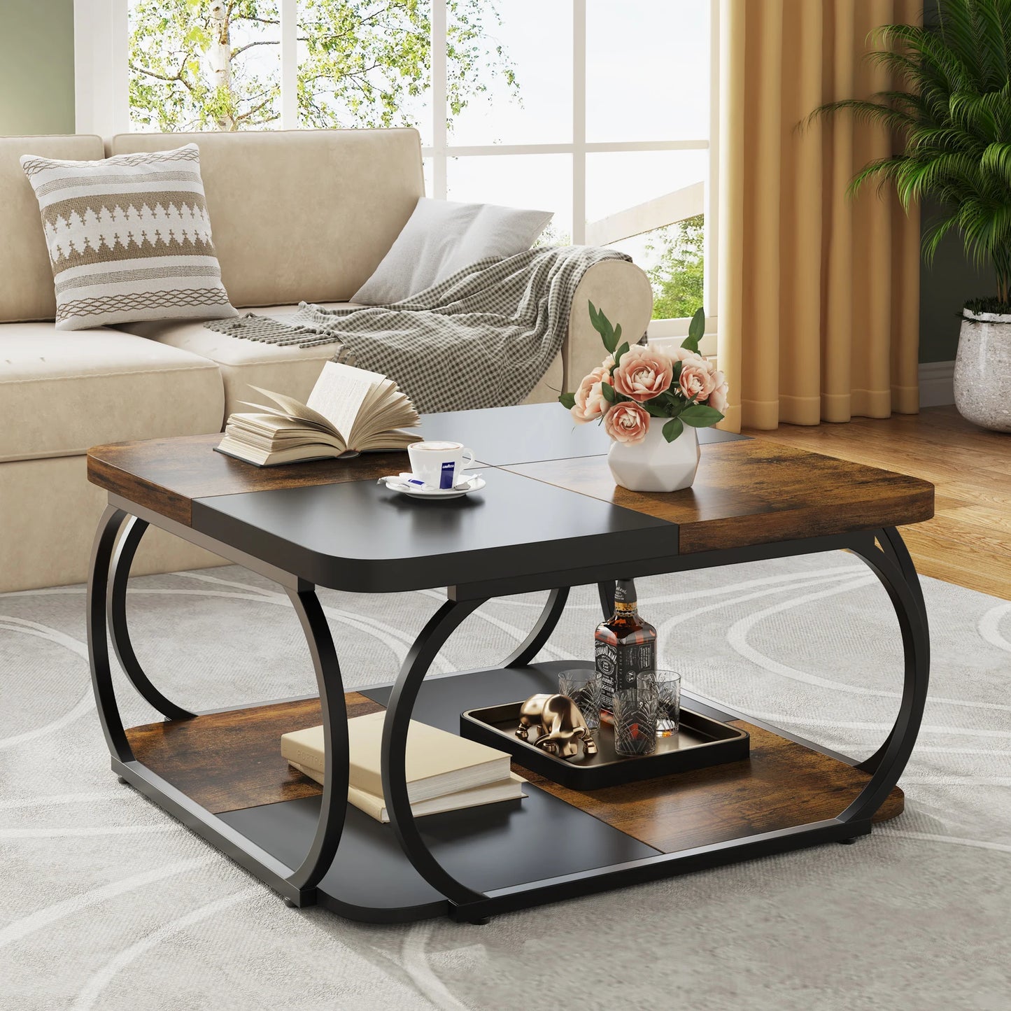 Tribesigns Square Coffee Table Two Tier Metal Frame Farmhouse Storage
