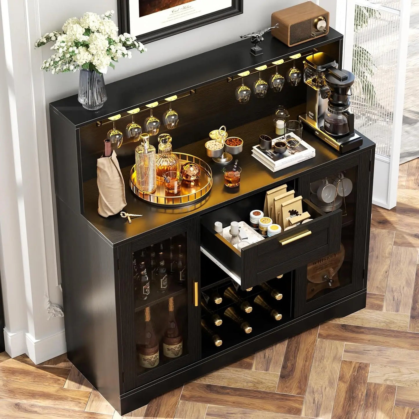 Wine Bar Cabinet With LED Lighting And Glass Holder Storage